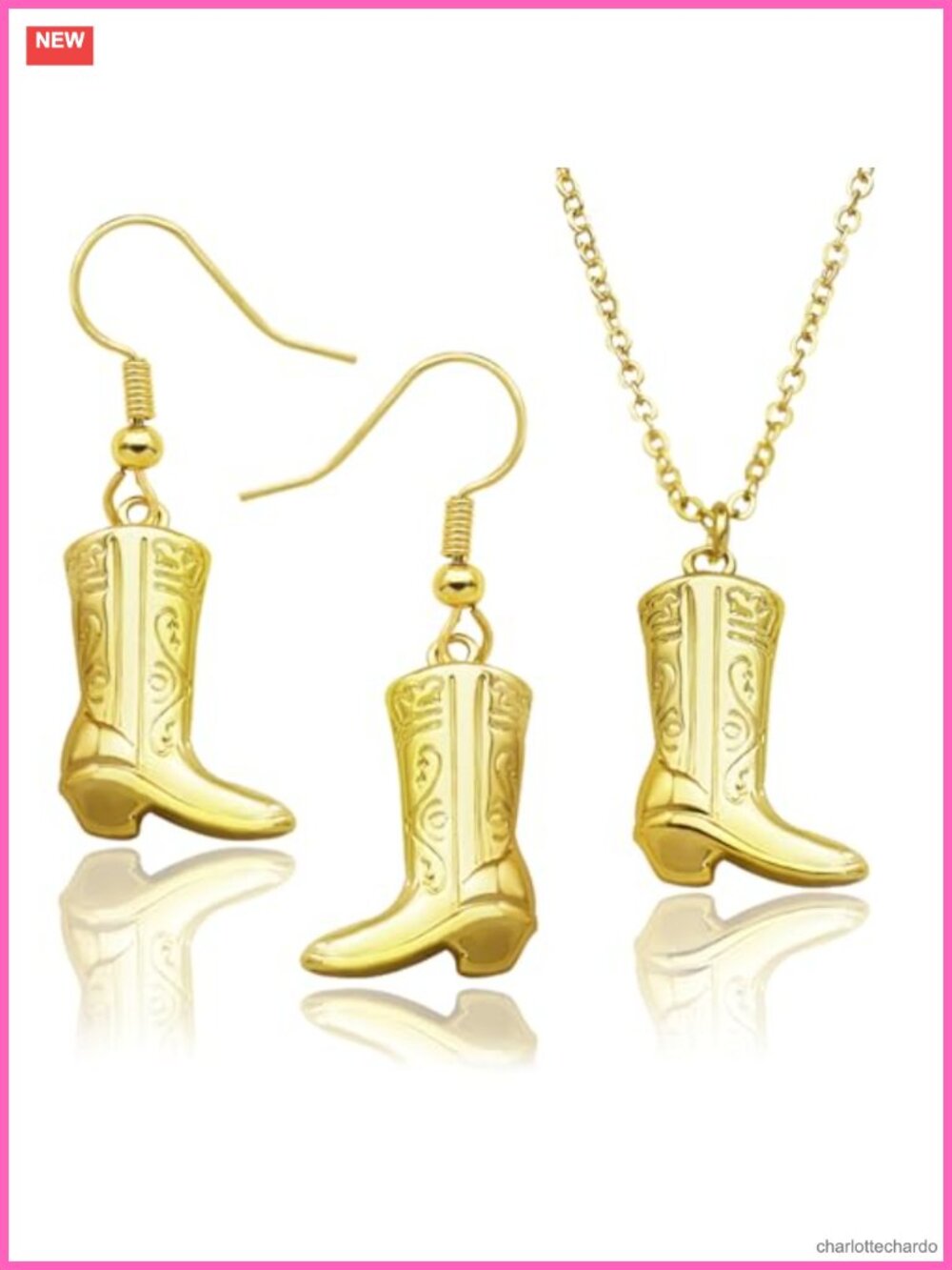 Western Cowboy Boot Necklace Earrings Set Brass Stainless Steel Jewelry